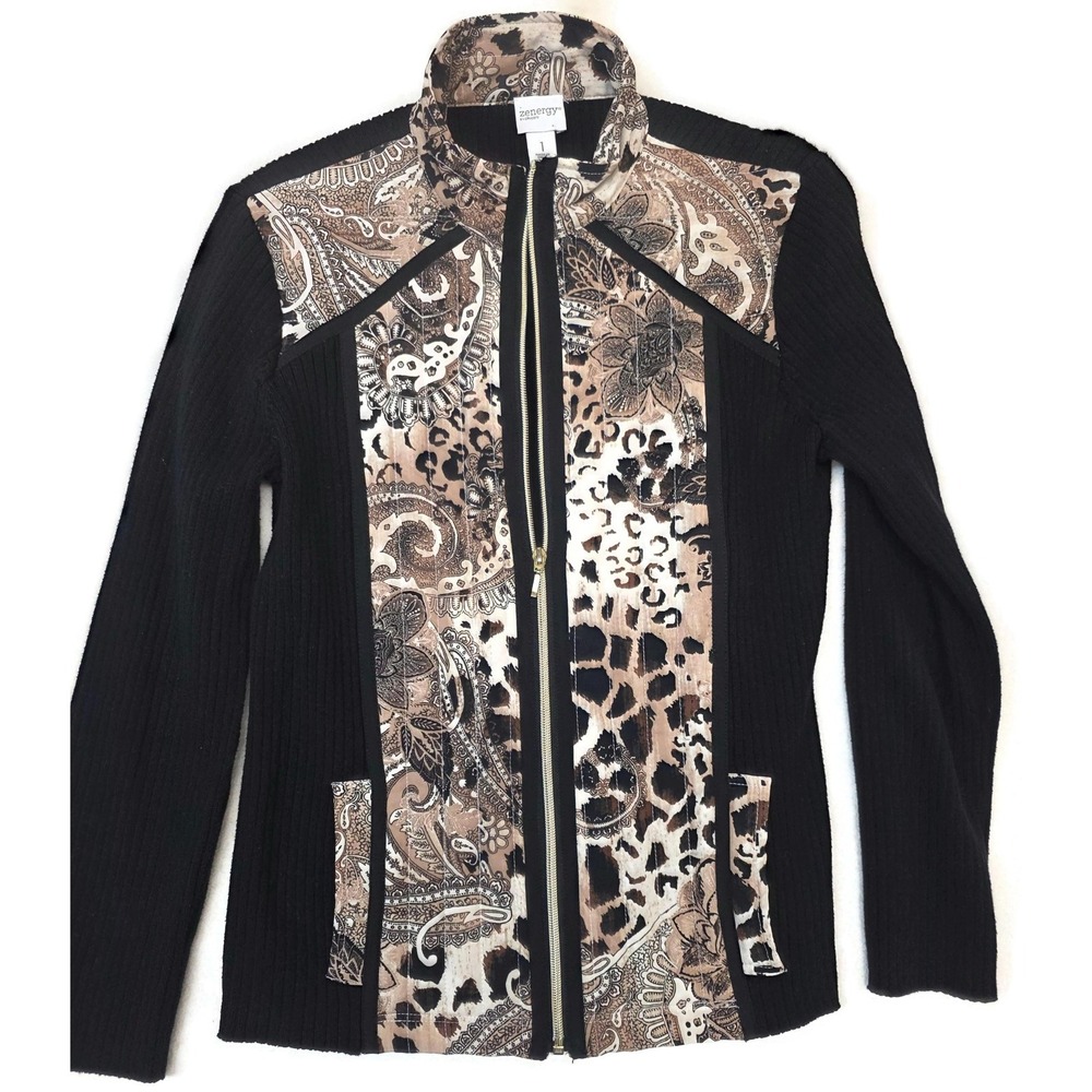 Chico's Zenergy Quilted Jacket Womens Size‎ 1 Black Animal Print Zip Collared